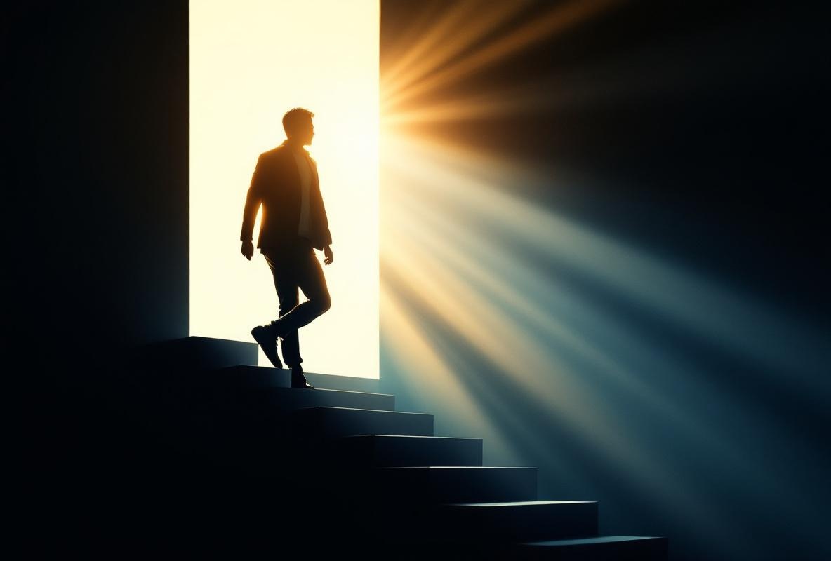光に向かって歩き出す人